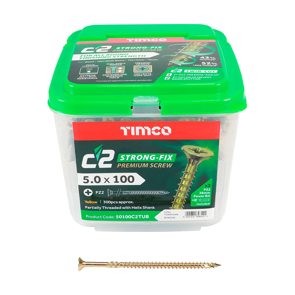 This is an image showing TIMCO C2 Strong-Fix - PZ - Double Countersunk - Twin-Cut - Yellow - 5.0 x 100 - 300 Pieces Tub available from T.H Wiggans Ironmongery in Kendal, quick delivery at discounted prices.