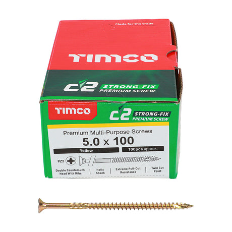 This is an image showing TIMCO C2 Strong-Fix - PZ - Double Countersunk - Twin-Cut - Yellow - 5.0 x 100 - 100 Pieces Box available from T.H Wiggans Ironmongery in Kendal, quick delivery at discounted prices.