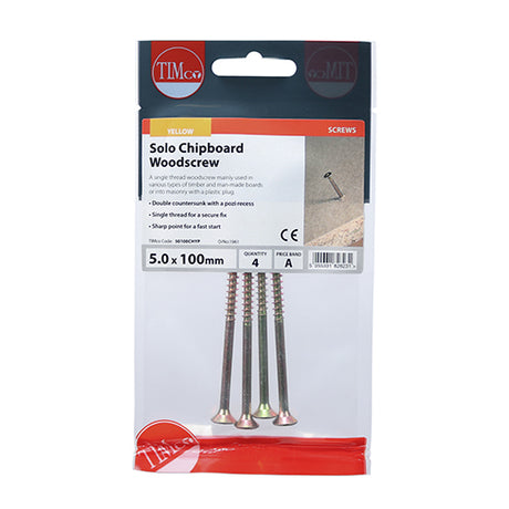 This is an image showing TIMCO Solo Woodscrews - PZ - Double Countersunk - Yellow - 5.0 x 100 - 4 Pieces TIMpac available from T.H Wiggans Ironmongery in Kendal, quick delivery at discounted prices.