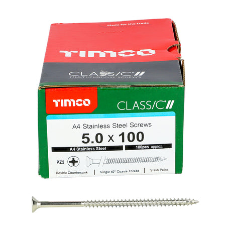 This is an image showing TIMCO Classic Multi-Purpose Screws - PZ - Double Countersunk - A4 Stainless Steel
 - 5.0 x 100 - 100 Pieces Box available from T.H Wiggans Ironmongery in Kendal, quick delivery at discounted prices.