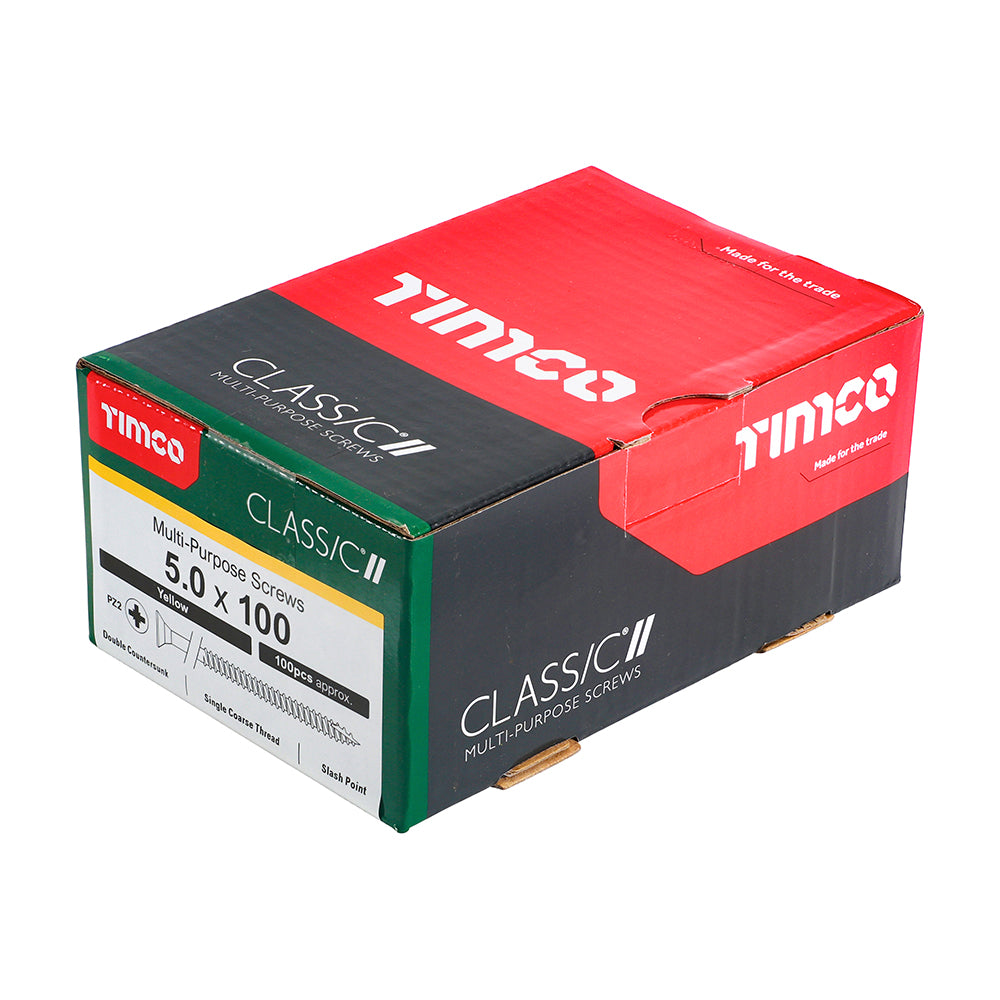 This is an image showing TIMCO Classic Multi-Purpose Screws - PZ - Double Countersunk - Yellow - 5.0 x 100 - 100 Pieces Box available from T.H Wiggans Ironmongery in Kendal, quick delivery at discounted prices.