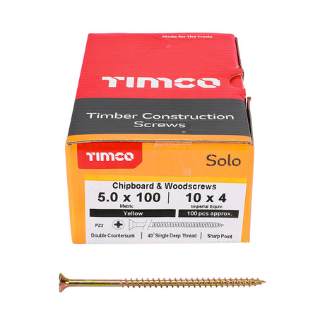 This is an image showing TIMCO Solo Chipboard & Woodscrews - PZ - Double Countersunk - Yellow - 5.0 x 100 - 100 Pieces Box available from T.H Wiggans Ironmongery in Kendal, quick delivery at discounted prices.