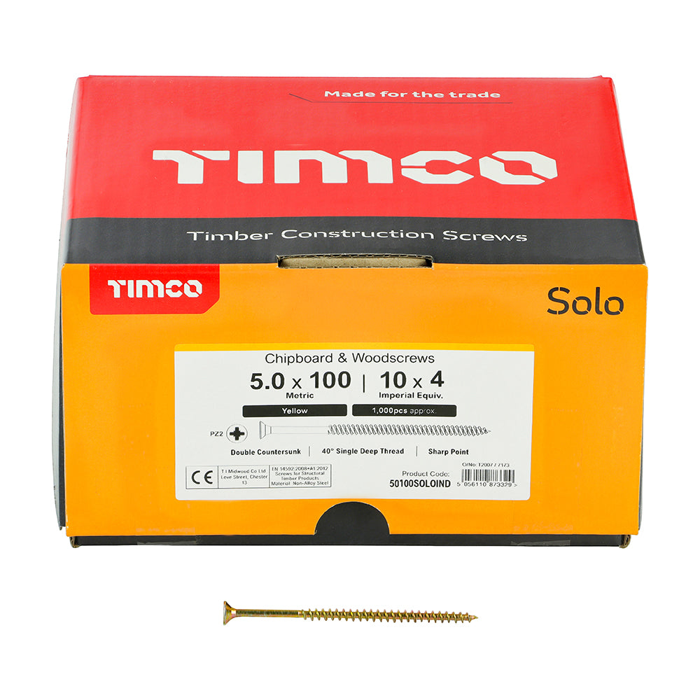 This is an image showing TIMCO Solo Chipboard & Woodscrews - Industry Pack - PZ - Double Countersunk - Yellow - 5.0 x 100 - 1000 Pieces Box available from T.H Wiggans Ironmongery in Kendal, quick delivery at discounted prices.