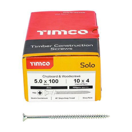 This is an image showing TIMCO Solo Chipboard & Woodscrews - PZ - Double Countersunk - Zinc - 5.0 x 100 - 100 Pieces Box available from T.H Wiggans Ironmongery in Kendal, quick delivery at discounted prices.