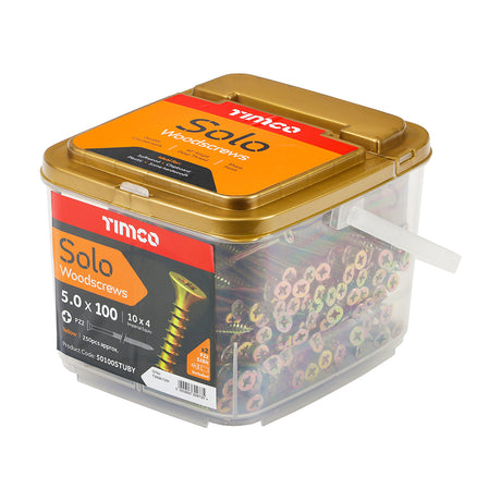 This is an image showing TIMCO Solo Woodscrews - PZ - Double Countersunk - Yellow - 5.0 x 100 - 250 Pieces Tub available from T.H Wiggans Ironmongery in Kendal, quick delivery at discounted prices.