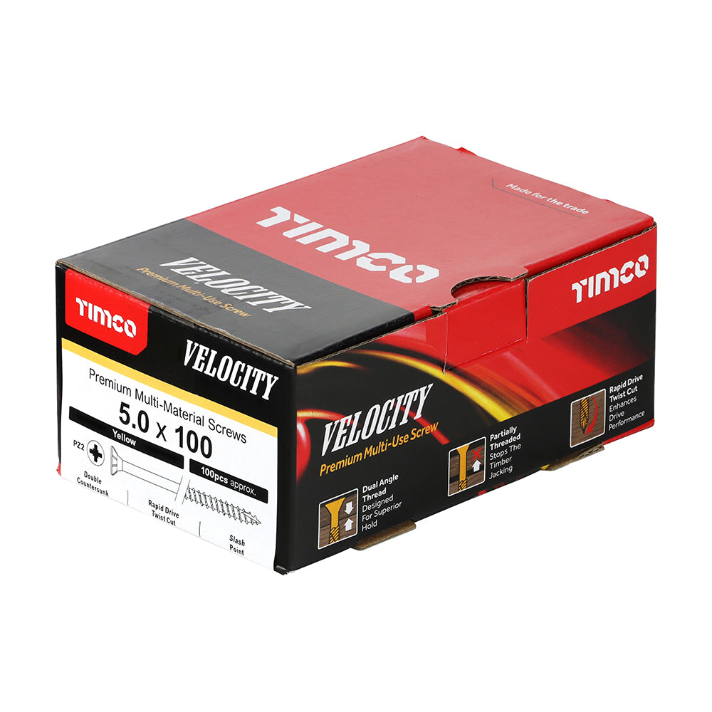 This is an image showing TIMCO Velocity Premium Multi-Use Screws - PZ - Double Countersunk - Yellow
 - 5.0 x 100 - 100 Pieces Box available from T.H Wiggans Ironmongery in Kendal, quick delivery at discounted prices.