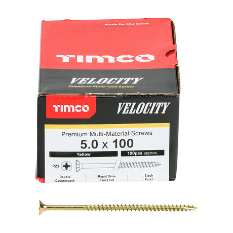 This is an image showing TIMCO Velocity Premium Multi-Use Screws - PZ - Double Countersunk - Yellow
 - 5.0 x 100 - 100 Pieces Box available from T.H Wiggans Ironmongery in Kendal, quick delivery at discounted prices.