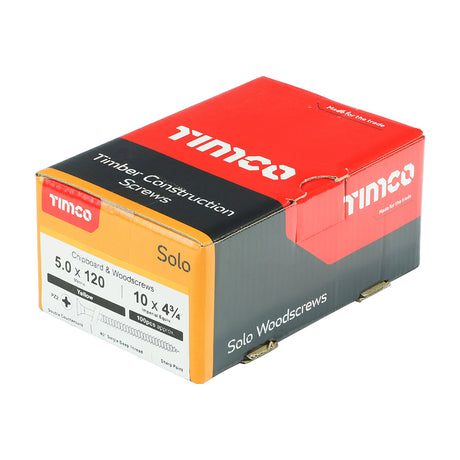 This is an image showing TIMCO Solo Chipboard & Woodscrews - PZ - Double Countersunk - Yellow - 5.0 x 120 - 100 Pieces Box available from T.H Wiggans Ironmongery in Kendal, quick delivery at discounted prices.