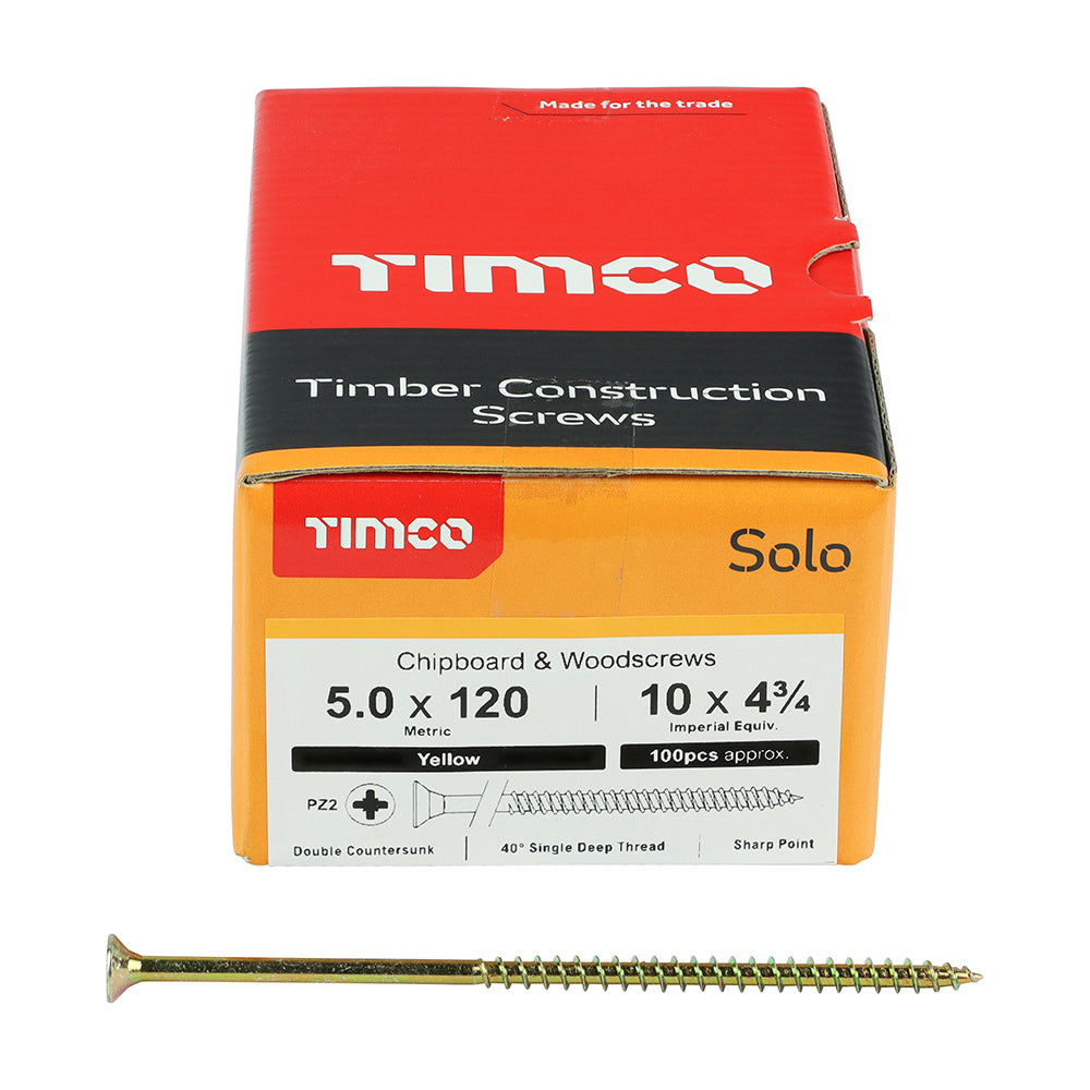 This is an image showing TIMCO Solo Chipboard & Woodscrews - PZ - Double Countersunk - Yellow - 5.0 x 120 - 100 Pieces Box available from T.H Wiggans Ironmongery in Kendal, quick delivery at discounted prices.
