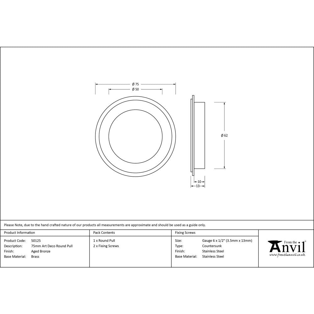 This is an image showing From The Anvil - Aged Bronze 75mm Art Deco Round Pull available from trade door handles, quick delivery and discounted prices