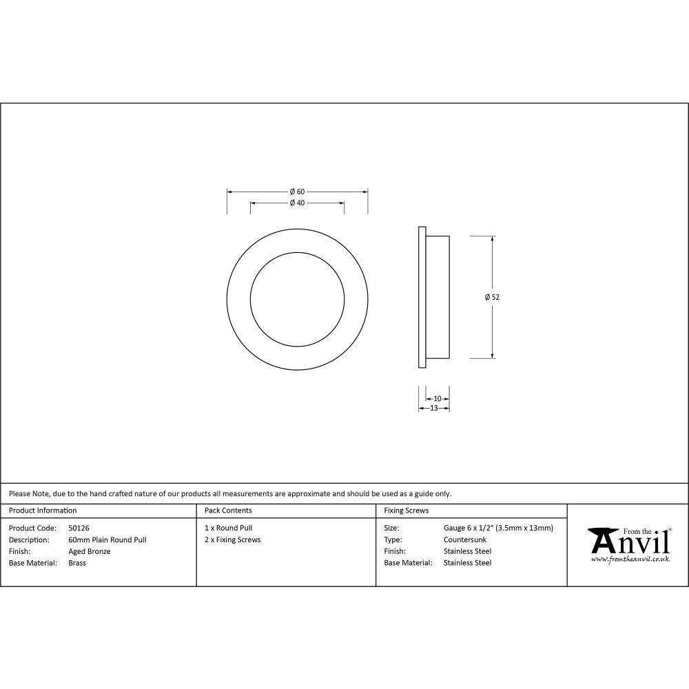 This is an image showing From The Anvil - Aged Bronze 60mm Plain Round Pull available from trade door handles, quick delivery and discounted prices