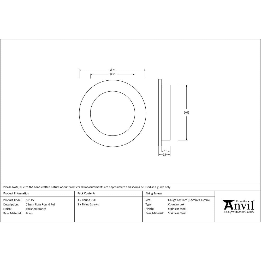 This is an image showing From The Anvil - Polished Bronze 75mm Plain Round Pull available from trade door handles, quick delivery and discounted prices