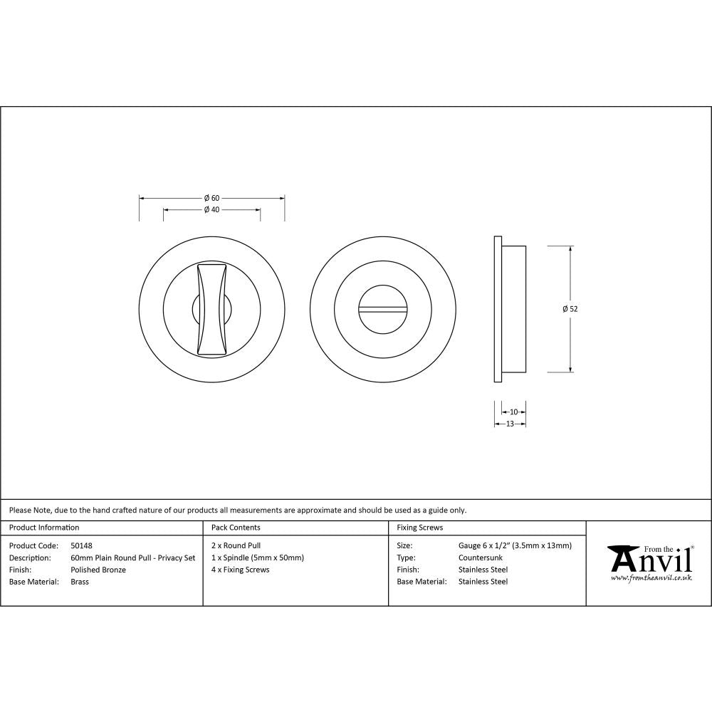 This is an image showing From The Anvil - Polished Bronze 60mm Plain Round Pull - Privacy Set available from trade door handles, quick delivery and discounted prices