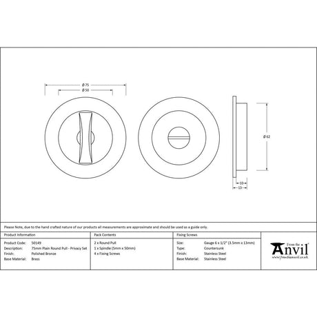 This is an image showing From The Anvil - Polished Bronze 75mm Plain Round Pull - Privacy Set available from trade door handles, quick delivery and discounted prices