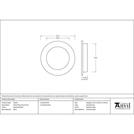 This is an image showing From The Anvil - Polished Nickel 75mm Plain Round Pull available from trade door handles, quick delivery and discounted prices