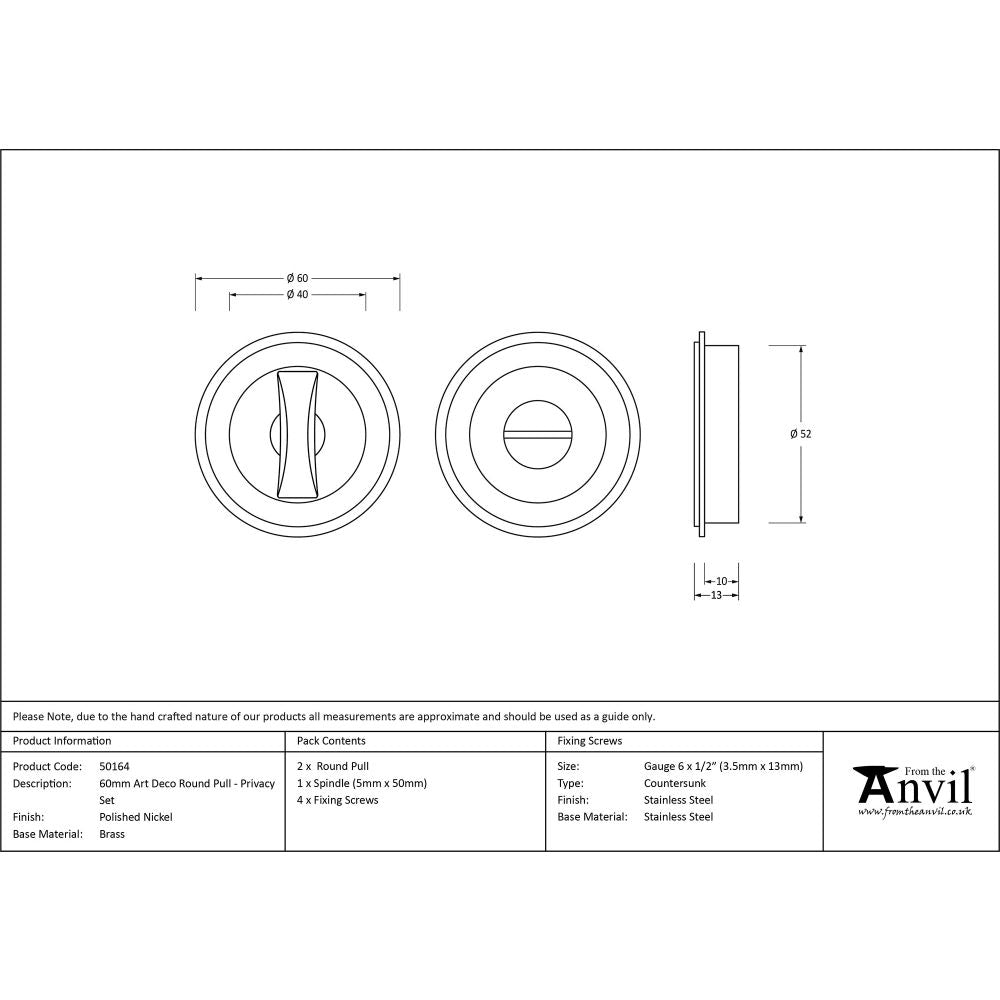 This is an image showing From The Anvil - Polished Nickel 60mm Art Deco Round Pull - Privacy Set available from trade door handles, quick delivery and discounted prices