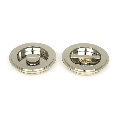 This is an image of From The Anvil - Polished Nickel 75mm Art Deco Round Pull - Privacy Set available to order from T.H Wiggans Architectural Ironmongery in Kendal, quick delivery and discounted prices.