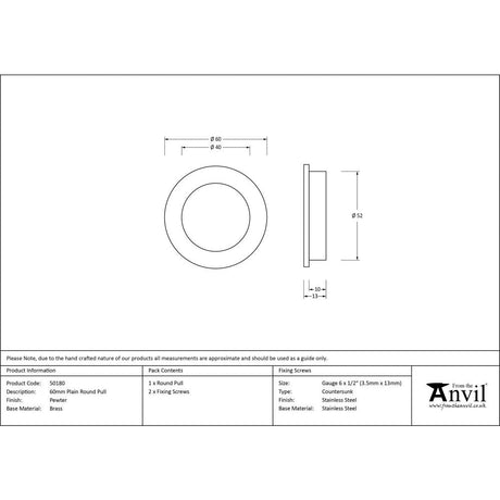 This is an image showing From The Anvil - Pewter 60mm Plain Round Pull available from trade door handles, quick delivery and discounted prices