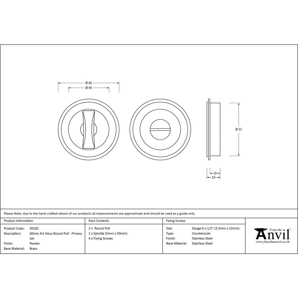 This is an image showing From The Anvil - Pewter 60mm Art Deco Round Pull - Privacy Set available from trade door handles, quick delivery and discounted prices