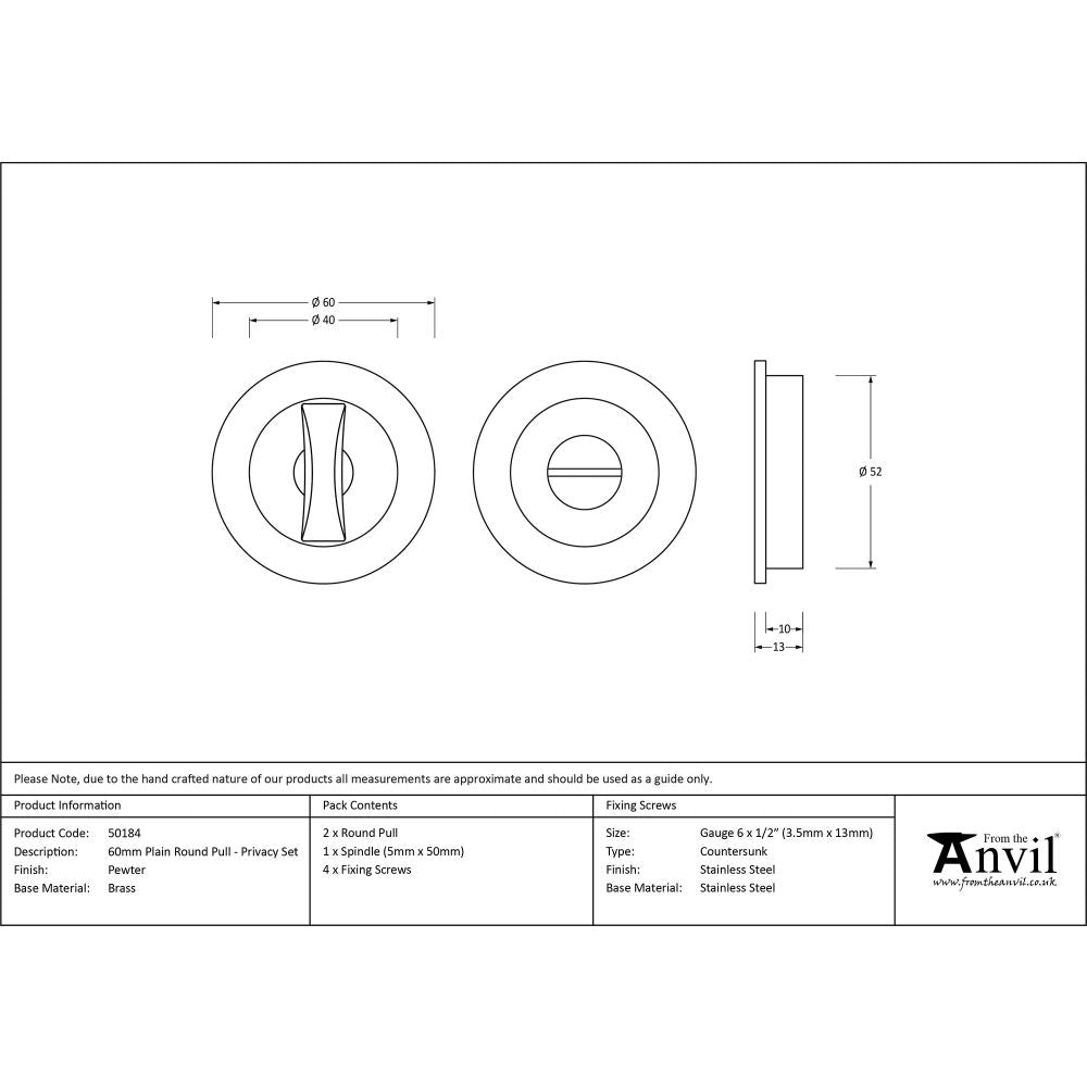 This is an image showing From The Anvil - Pewter 60mm Plain Round Pull - Privacy Set available from trade door handles, quick delivery and discounted prices