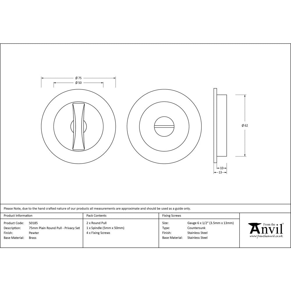 This is an image showing From The Anvil - Pewter 75mm Plain Round Pull - Privacy Set available from trade door handles, quick delivery and discounted prices