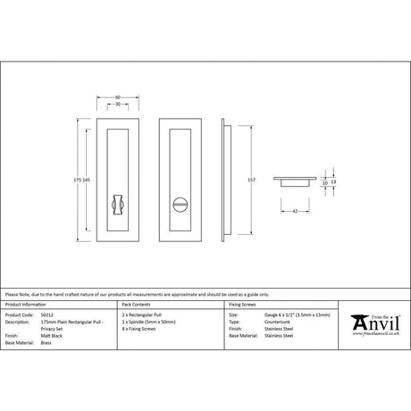 This is an image showing From The Anvil - Matt Black 175mm Plain Rectangular Pull - Privacy Set available from trade door handles, quick delivery and discounted prices