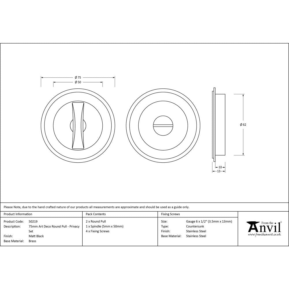 This is an image showing From The Anvil - Matt Black 75mm Art Deco Round Pull - Privacy Set available from trade door handles, quick delivery and discounted prices