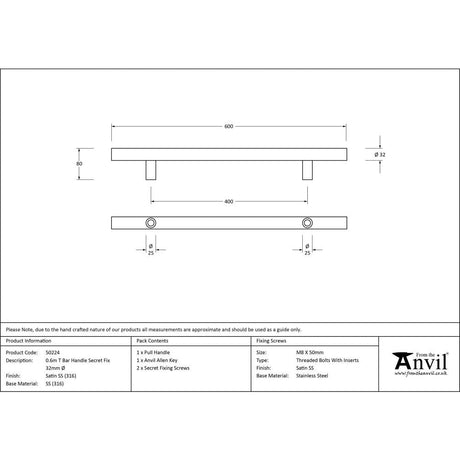 This is an image showing From The Anvil - Satin SS (316) 0.6m T Bar Handle Secret Fix 32mm available from trade door handles, quick delivery and discounted prices