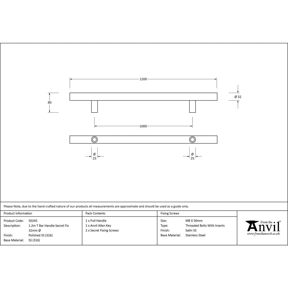 This is an image showing From The Anvil - Polished SS (316) 1.2m T Bar Handle Secret Fix 32mm available from trade door handles, quick delivery and discounted prices