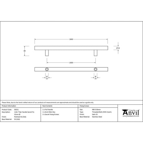 This is an image showing From The Anvil - Polished SS (316) 1.8m T Bar Handle Secret Fix 32mm available from trade door handles, quick delivery and discounted prices