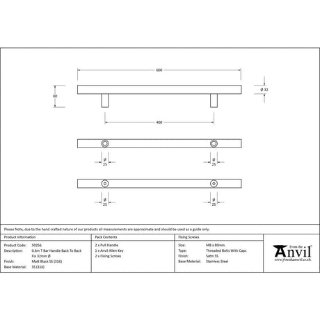 This is an image showing From The Anvil - Matt Black SS (316) 0.6m T Bar Handle B2B Fix 32mm available from trade door handles, quick delivery and discounted prices