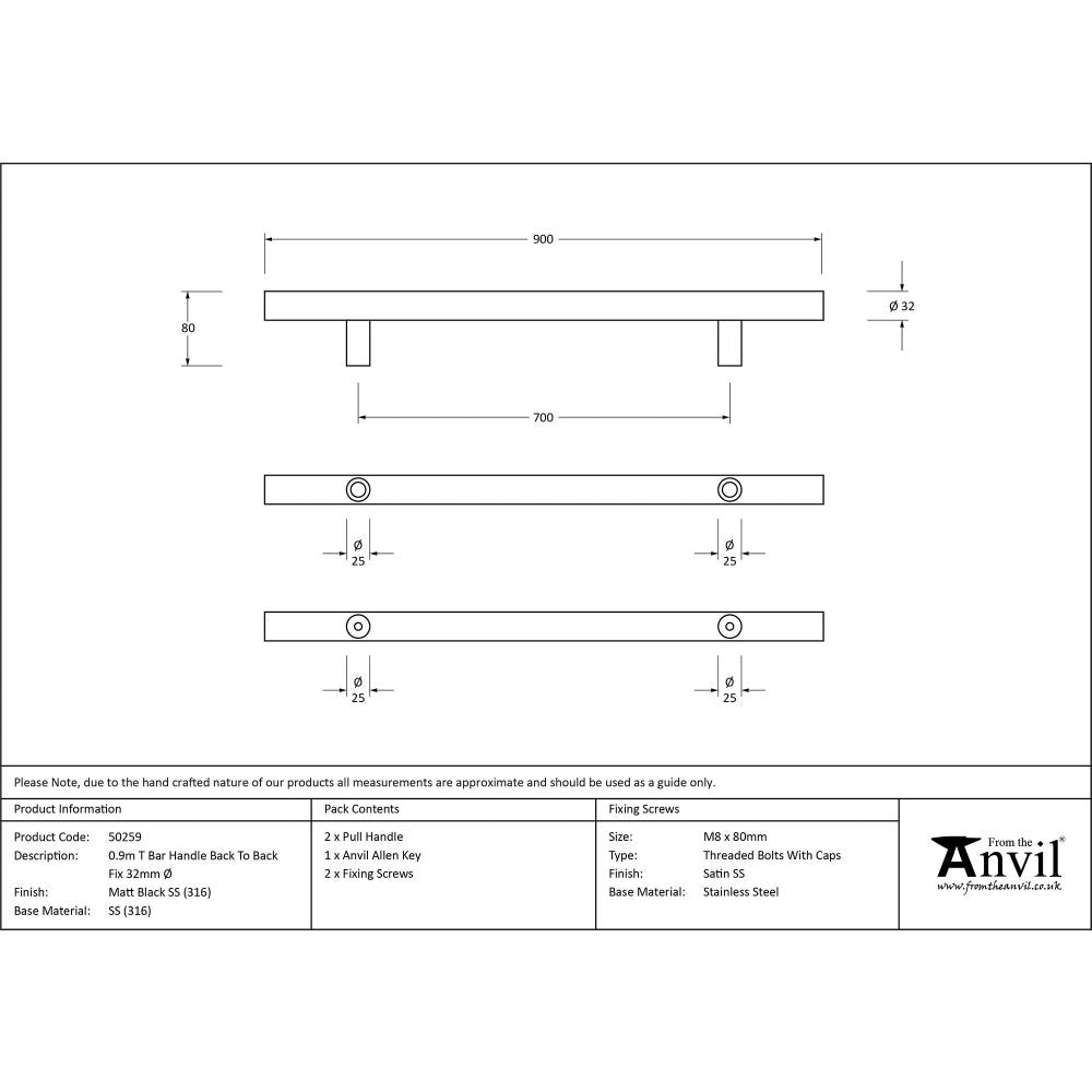 This is an image showing From The Anvil - Matt Black SS (316) 0.9m T Bar Handle B2B Fix 32mm available from trade door handles, quick delivery and discounted prices