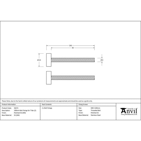 This is an image showing From The Anvil - Polished SS (304) 100mm Bolt Fixings for T Bar (2) available from trade door handles, quick delivery and discounted prices