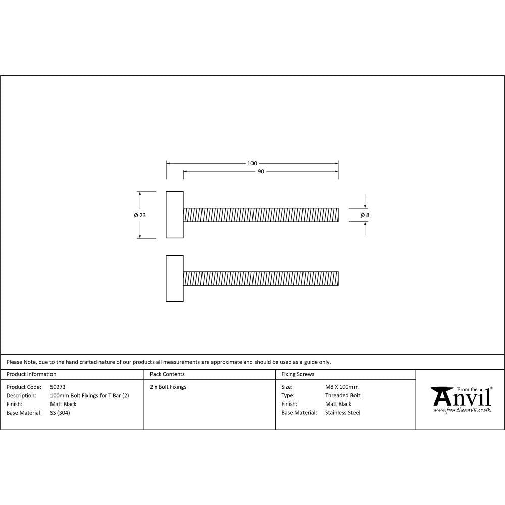 This is an image showing From The Anvil - Matt Black SS (304) 100mm Bolt Fixings for T Bar (2) available from trade door handles, quick delivery and discounted prices