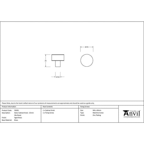 This is an image showing From The Anvil - Aged Brass Kelso Cabinet Knob - 25mm (No rose) available from trade door handles, quick delivery and discounted prices
