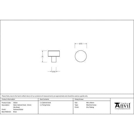This is an image showing From The Anvil - Polished Nickel Kelso Cabinet Knob - 25mm (No Rose) available from trade door handles, quick delivery and discounted prices