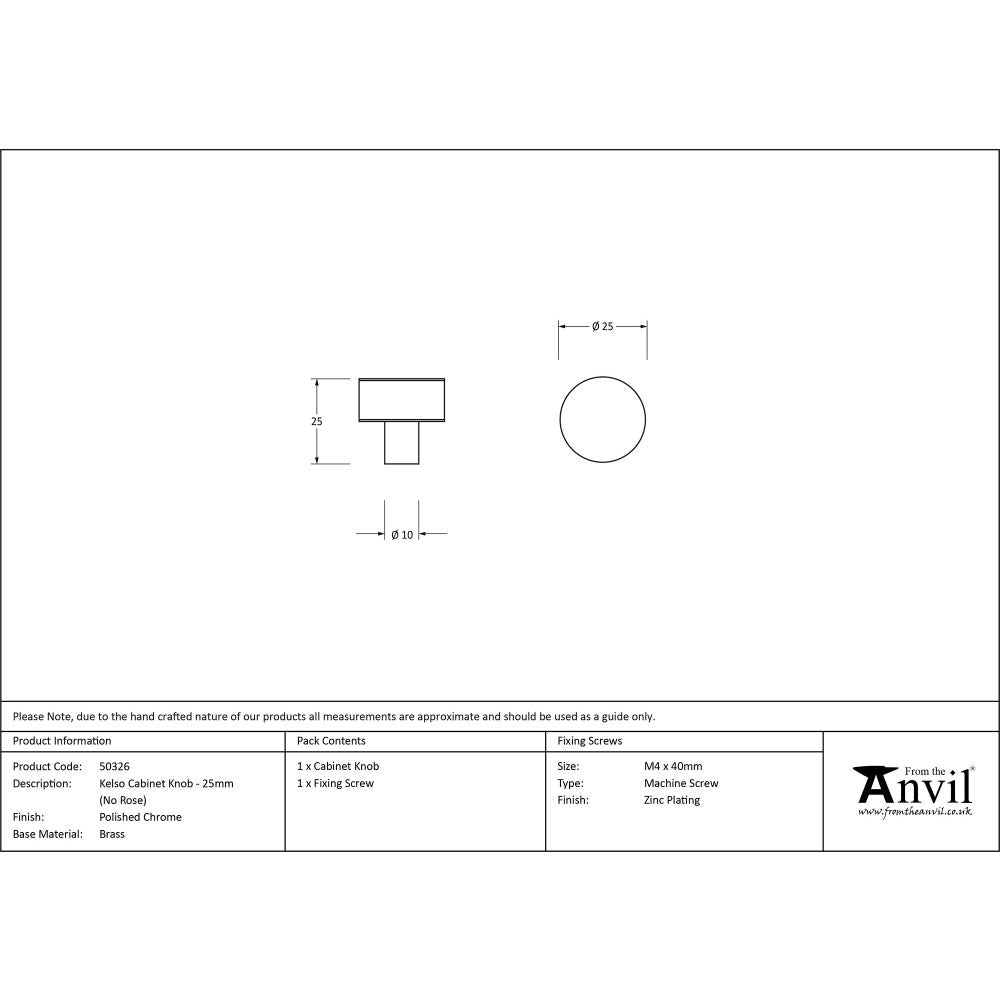 This is an image showing From The Anvil - Polished Chrome Kelso Cabinet Knob - 25mm (No rose) available from trade door handles, quick delivery and discounted prices