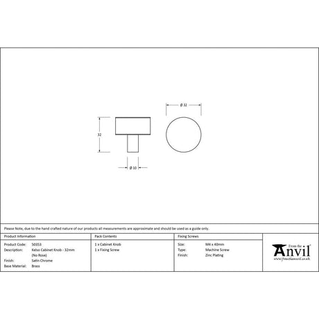 This is an image showing From The Anvil - Satin Chrome Kelso Cabinet Knob - 32mm (No rose) available from trade door handles, quick delivery and discounted prices