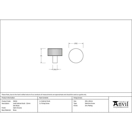 This is an image showing From The Anvil - Satin Chrome Judd Cabinet Knob - 32mm (No rose) available from trade door handles, quick delivery and discounted prices