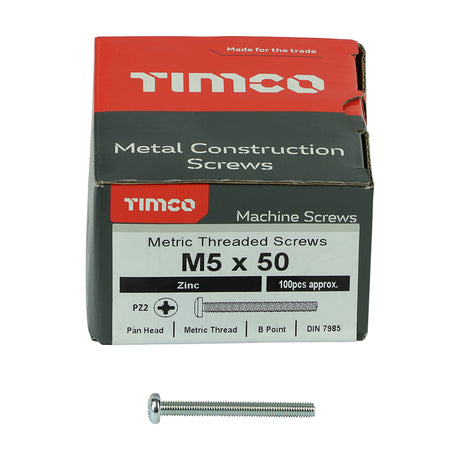 This is an image showing TIMCO Metric Threaded Machine Screws - PZ - Pan Head - Zinc - M5 x 50 - 100 Pieces Box available from T.H Wiggans Ironmongery in Kendal, quick delivery at discounted prices.