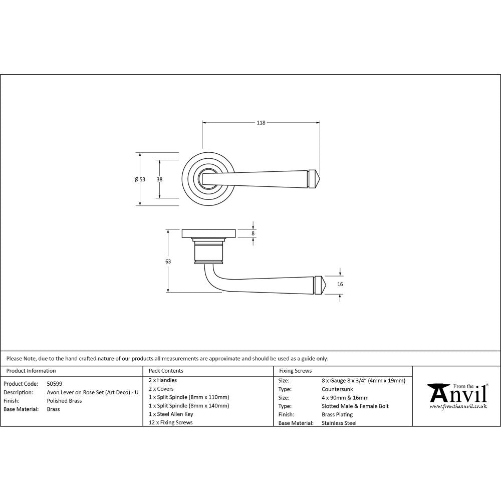 This is an image showing From The Anvil - Polished Brass Avon Round Lever on Rose Set (Art Deco) - Unspru available from trade door handles, quick delivery and discounted prices