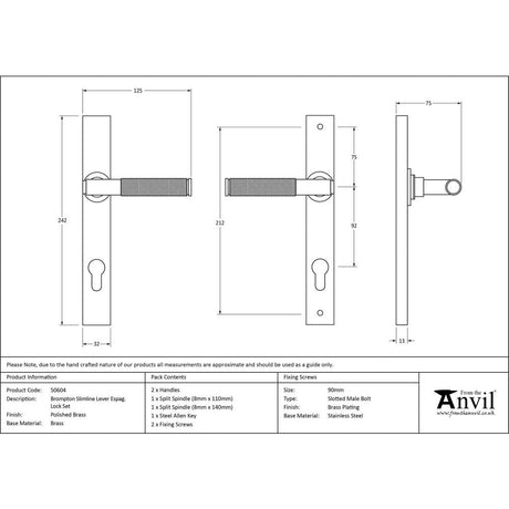 This is an image showing From The Anvil - Polished Brass Brompton Slimline Lever Espag. Lock Set available from trade door handles, quick delivery and discounted prices