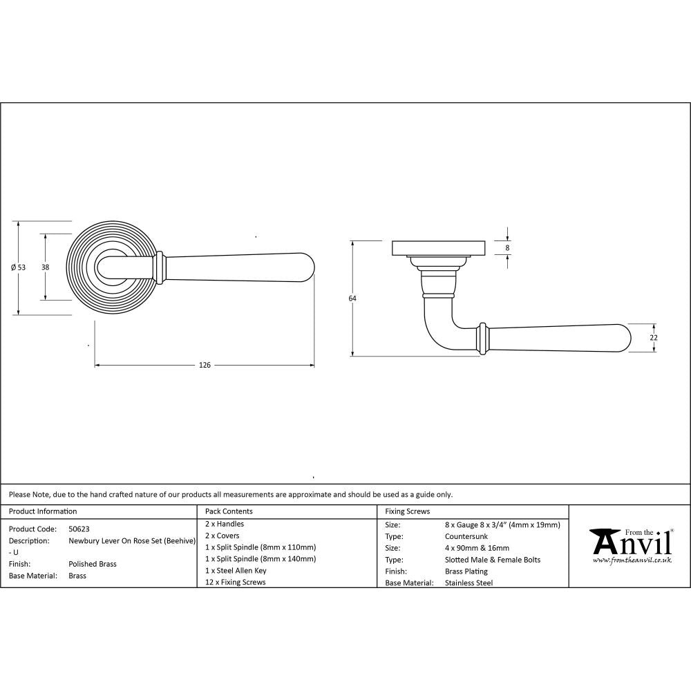 This is an image showing From The Anvil - Polished Brass Newbury Lever on Rose Set (Beehive) - Unsprung available from trade door handles, quick delivery and discounted prices