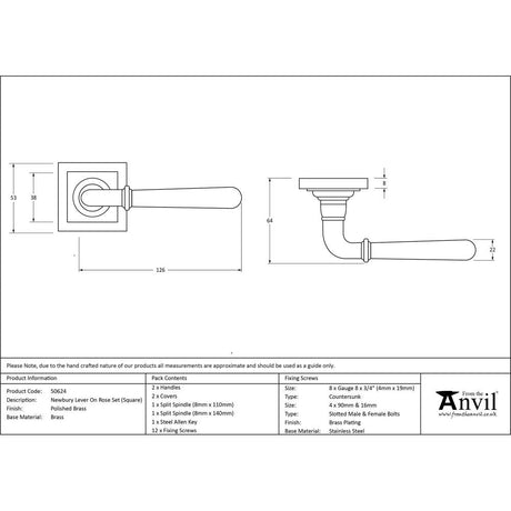 This is an image showing From The Anvil - Polished Brass Newbury Lever on Rose Set (Square) available from trade door handles, quick delivery and discounted prices