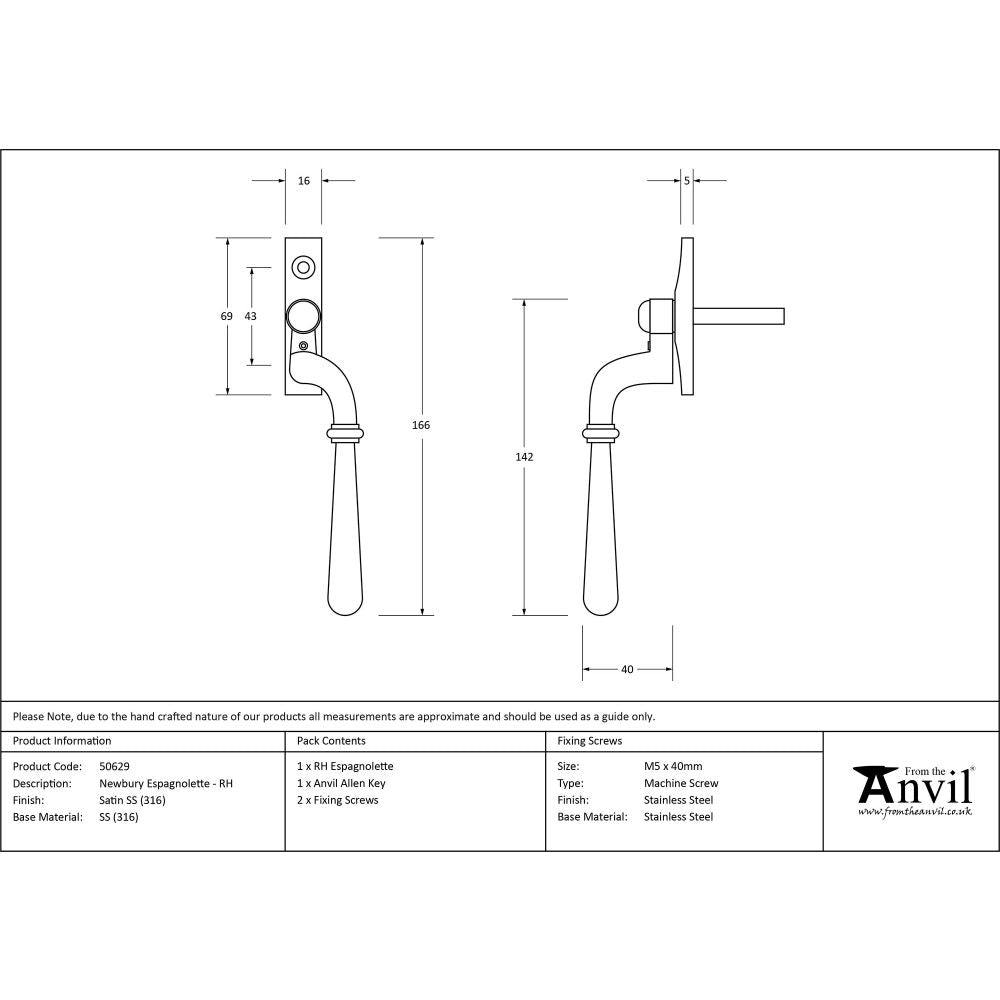 This is an image showing From The Anvil - Satin Marine SS (316) Newbury Espag - RH available from T.H Wiggans Architectural Ironmongery in Kendal, quick delivery and discounted prices