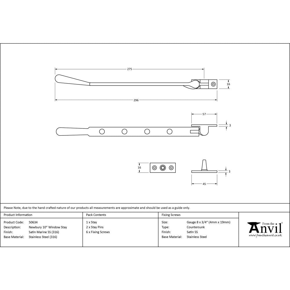 This is an image showing From The Anvil - Satin Marine SS (316) 10" Newbury Stay available from T.H Wiggans Architectural Ironmongery in Kendal, quick delivery and discounted prices