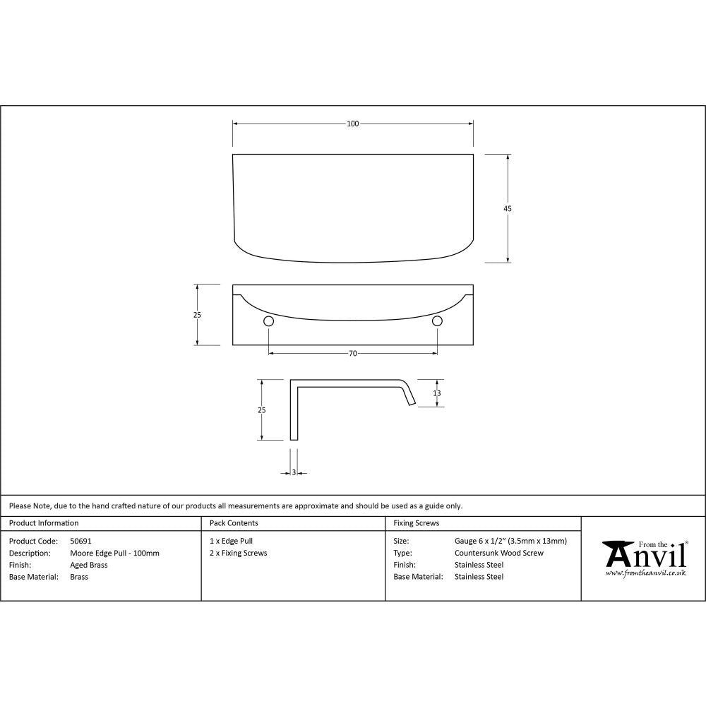 This is an image showing From The Anvil - Aged Brass 100mm Moore Edge Pull available from trade door handles, quick delivery and discounted prices