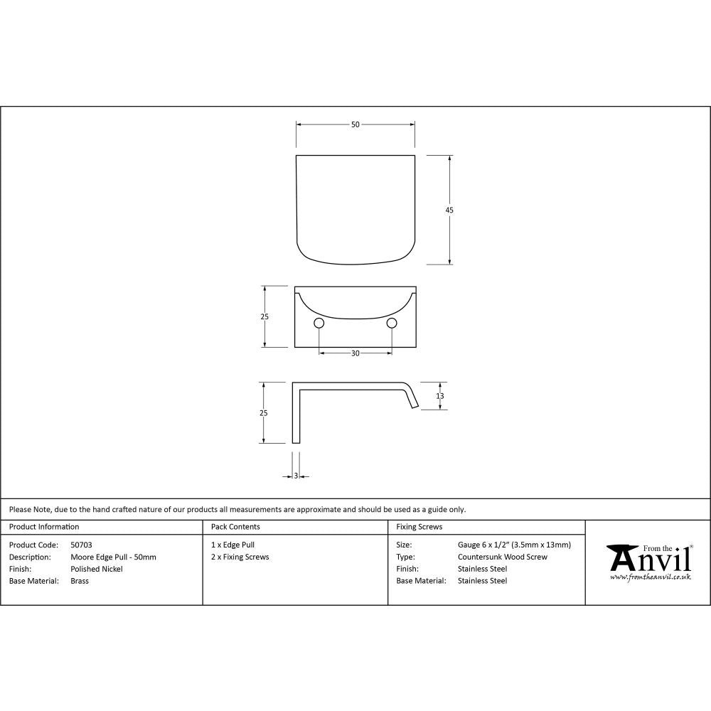 This is an image showing From The Anvil - Polished Nickel 50mm Moore Edge Pull available from trade door handles, quick delivery and discounted prices