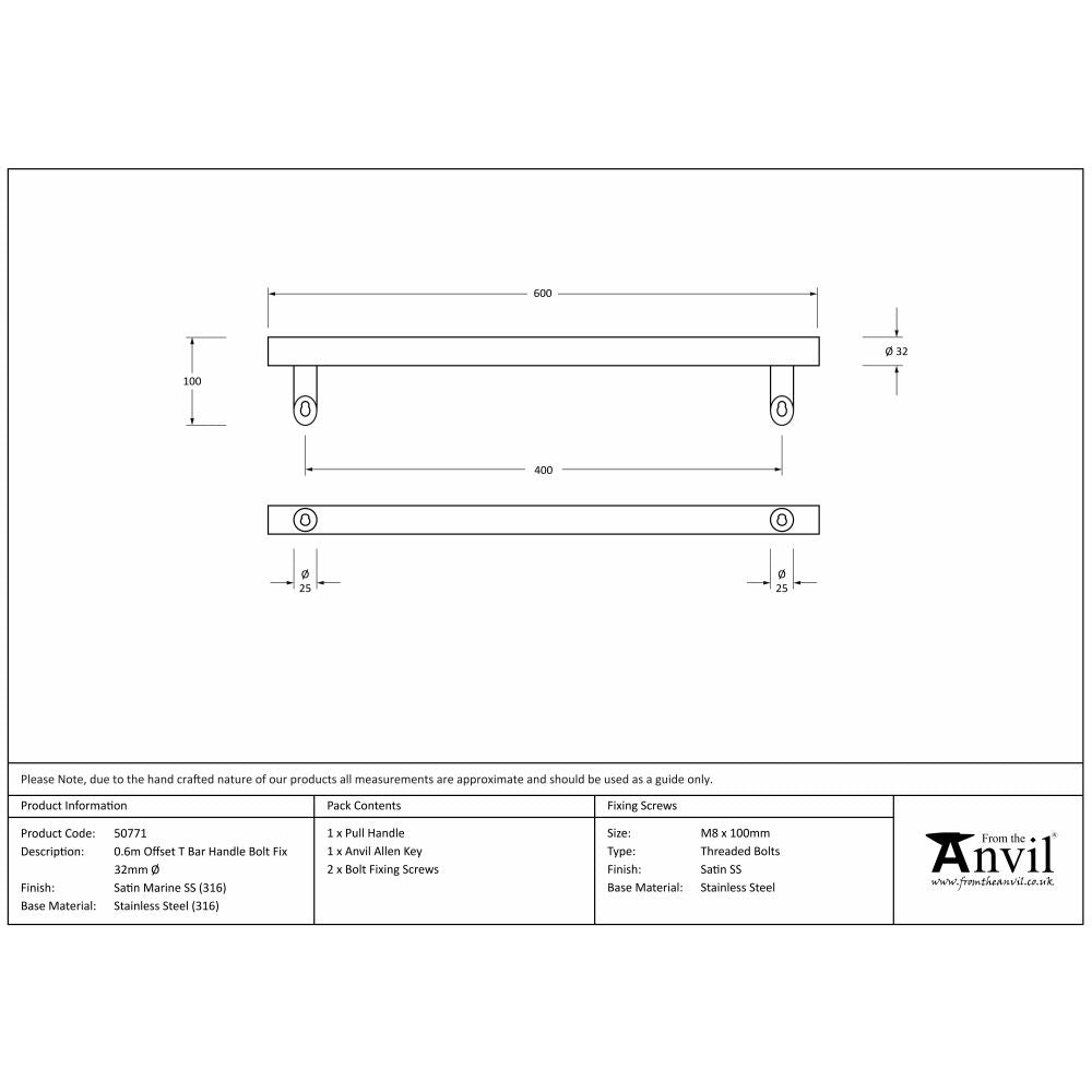 This is an image showing From The Anvil - Satin Marine SS (316) 0.6m Offset T Bar Handle Bolt Fix 32mm Ø available from trade door handles, quick delivery and discounted prices