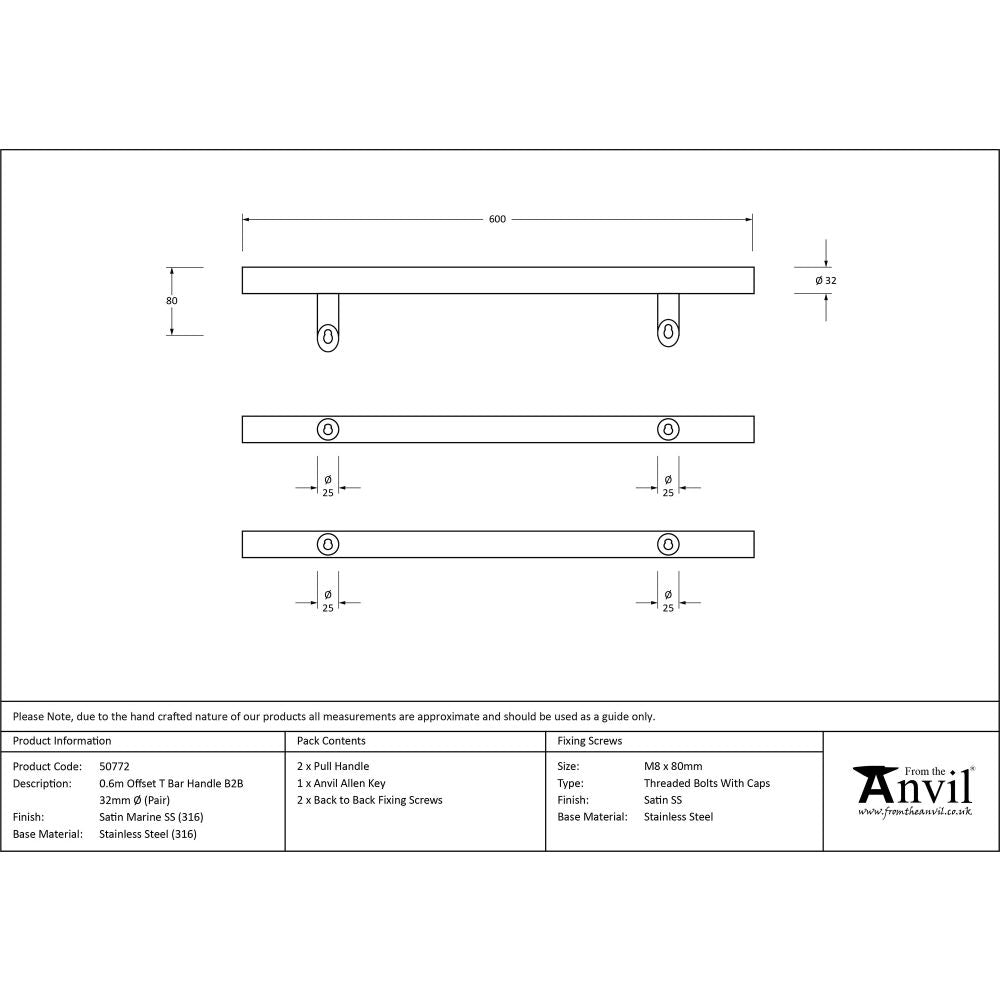 This is an image showing From The Anvil - Satin Marine SS (316) 0.6m Offset T Bar Handle B2B 32mm Ø available from trade door handles, quick delivery and discounted prices